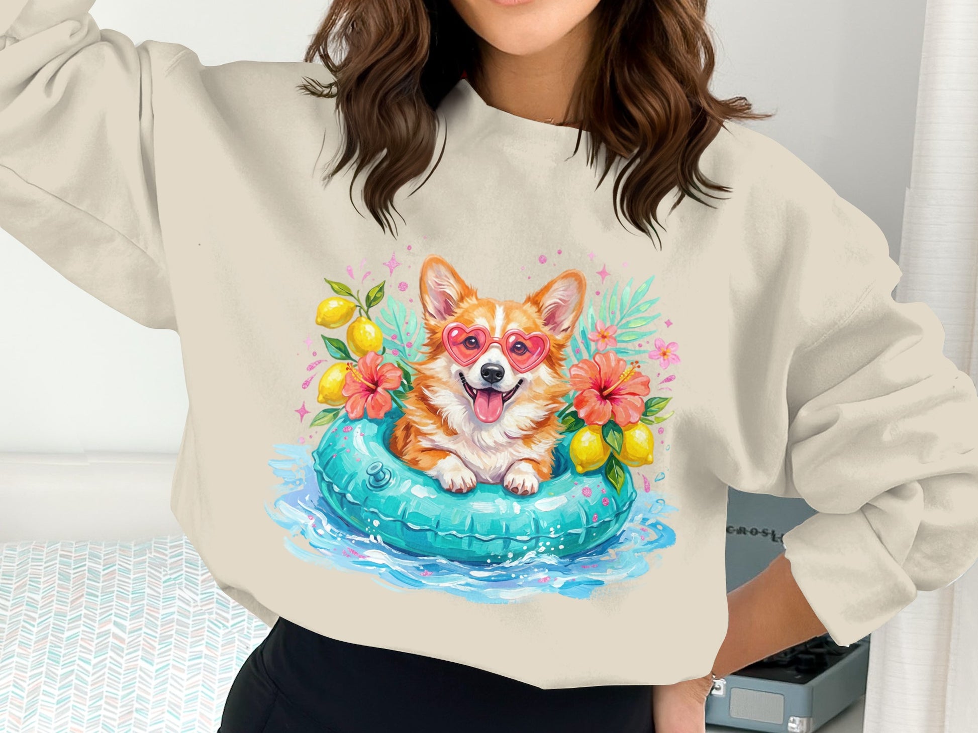 Corgi in heart sunglasses floats in pool with lemons and flowers.