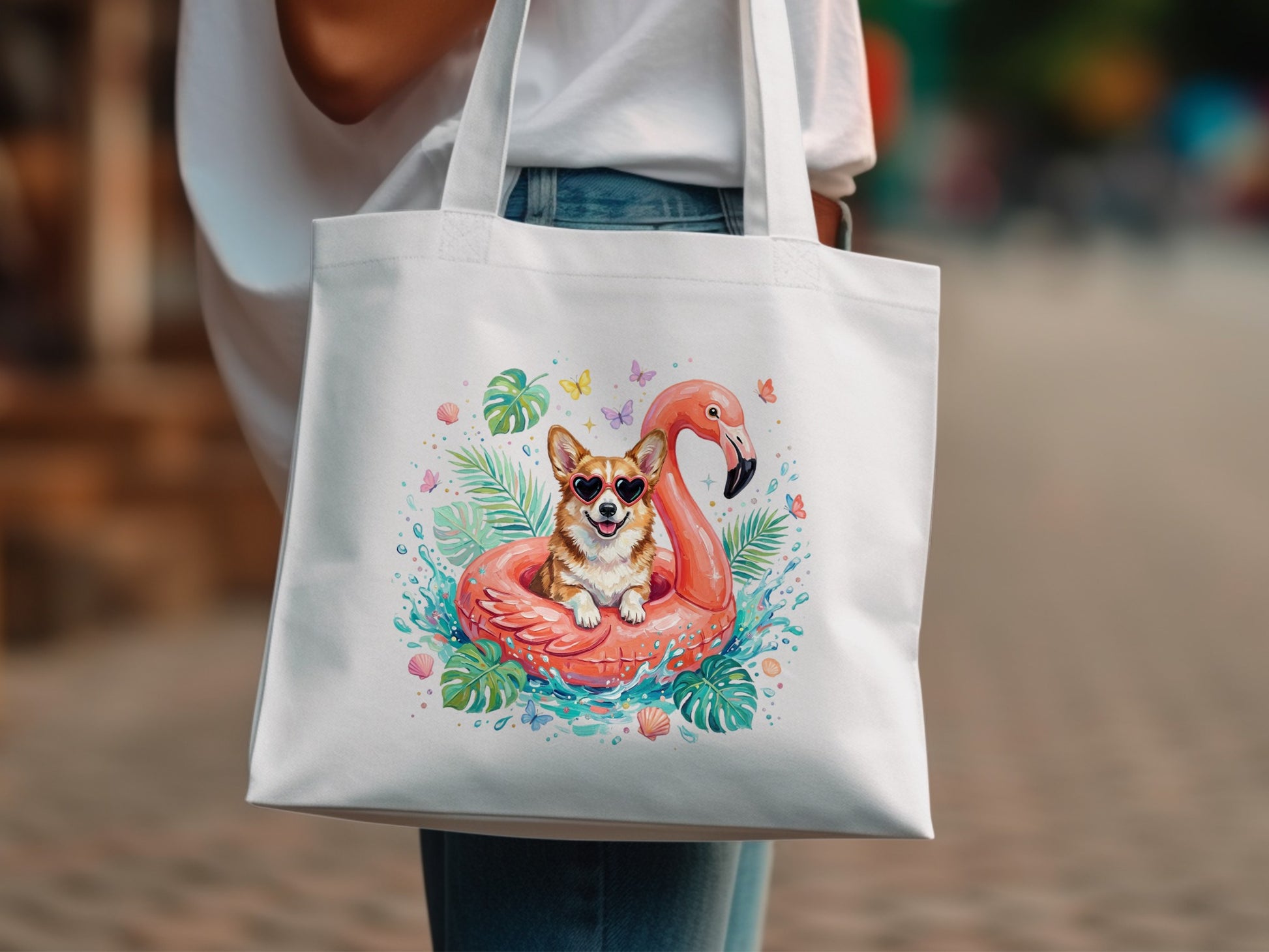 Corgi in sunglasses on a pink flamingo float surrounded by water splashes and butterflies.