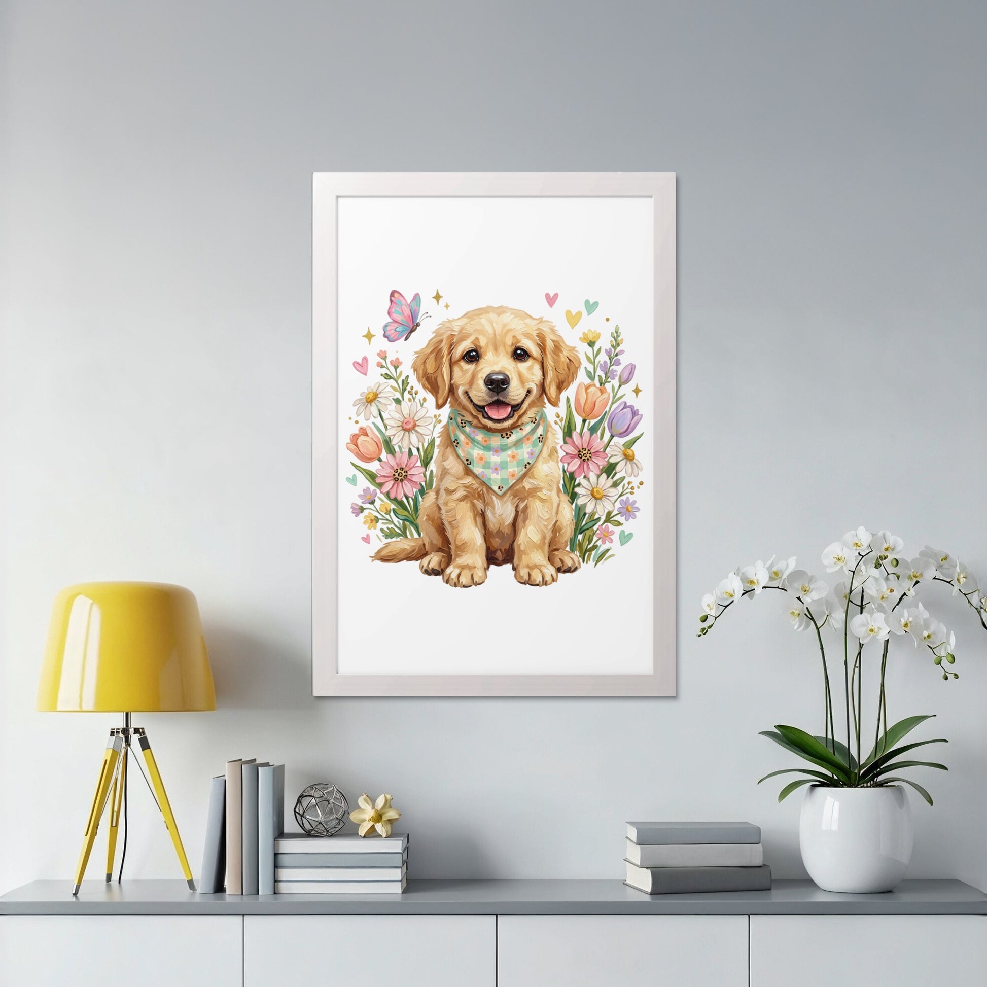 Golden retriever puppy wearing a bandana, surrounded by flowers and a butterfly.