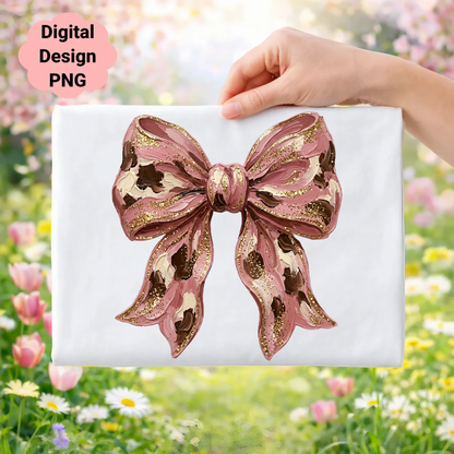 Hand holding a wrapped gift with a pink and gold speckled bow.