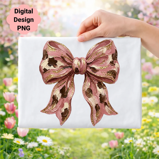 Hand holding a wrapped gift with a pink and gold speckled bow.