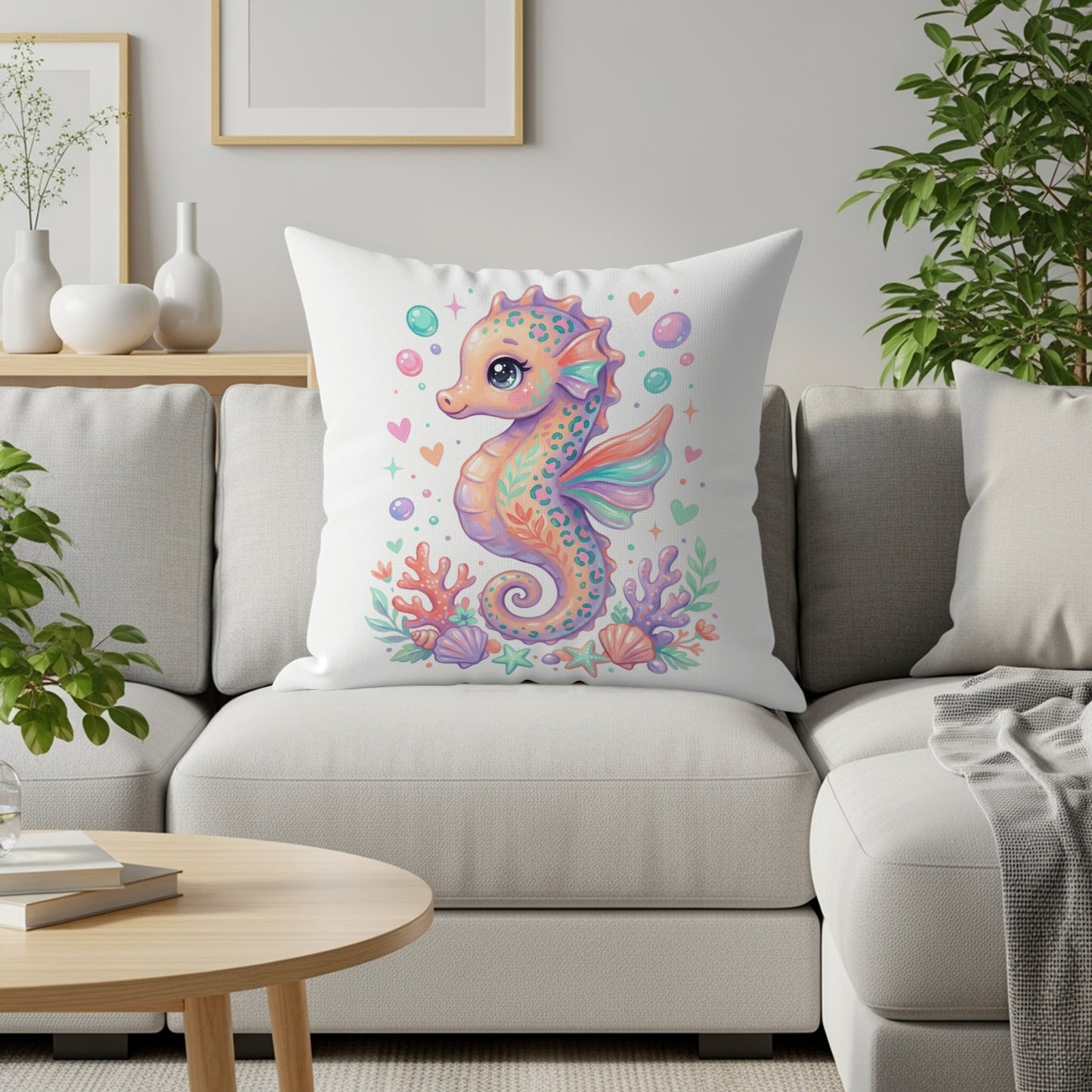 Pillow with whimsical seahorse, coral, and hearts on white couch.