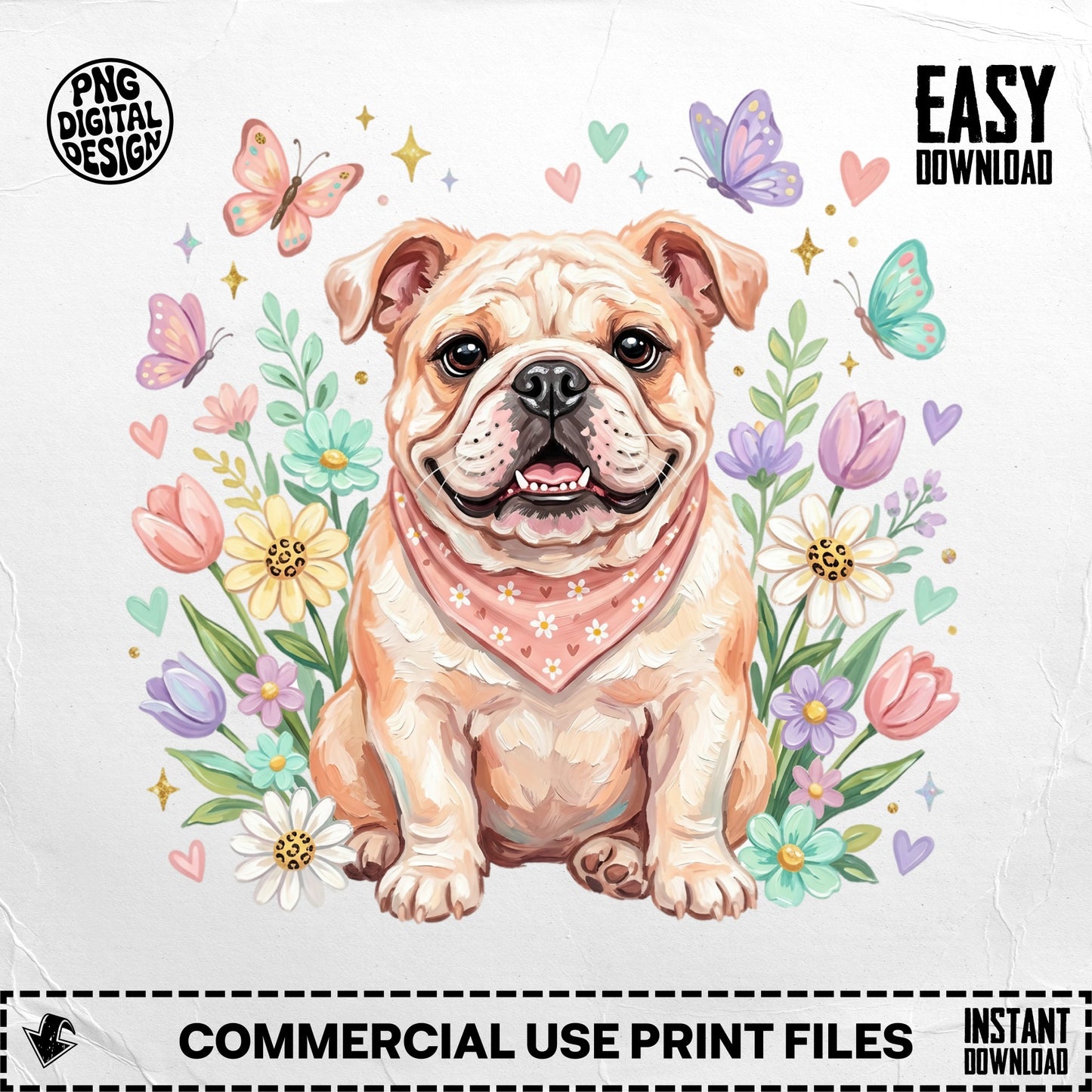 English Bulldog with flowers and butterflies, "Easy Download" and "Commercial Use Print Files" text.