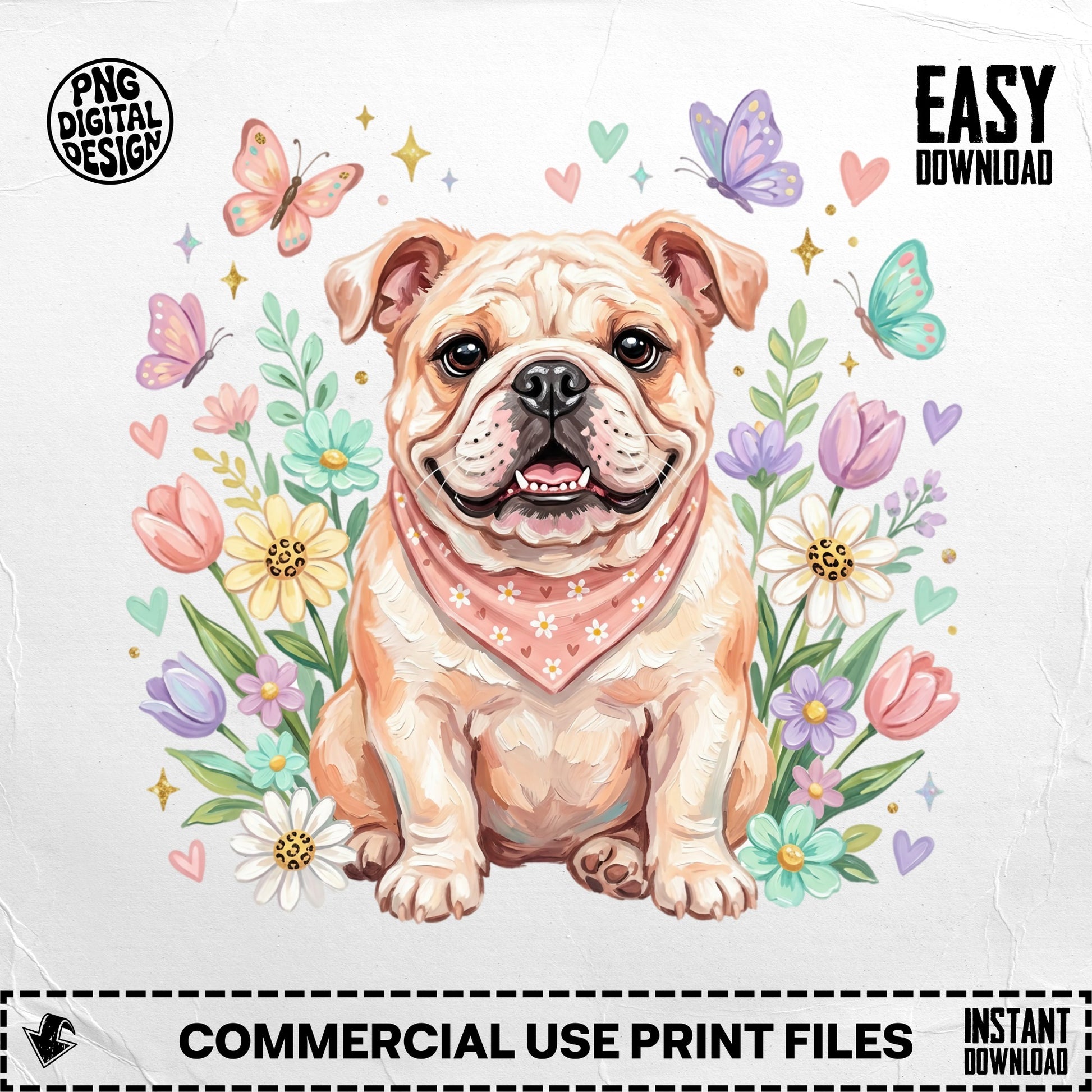 English Bulldog with flowers and butterflies, "Easy Download" and "Commercial Use Print Files" text.