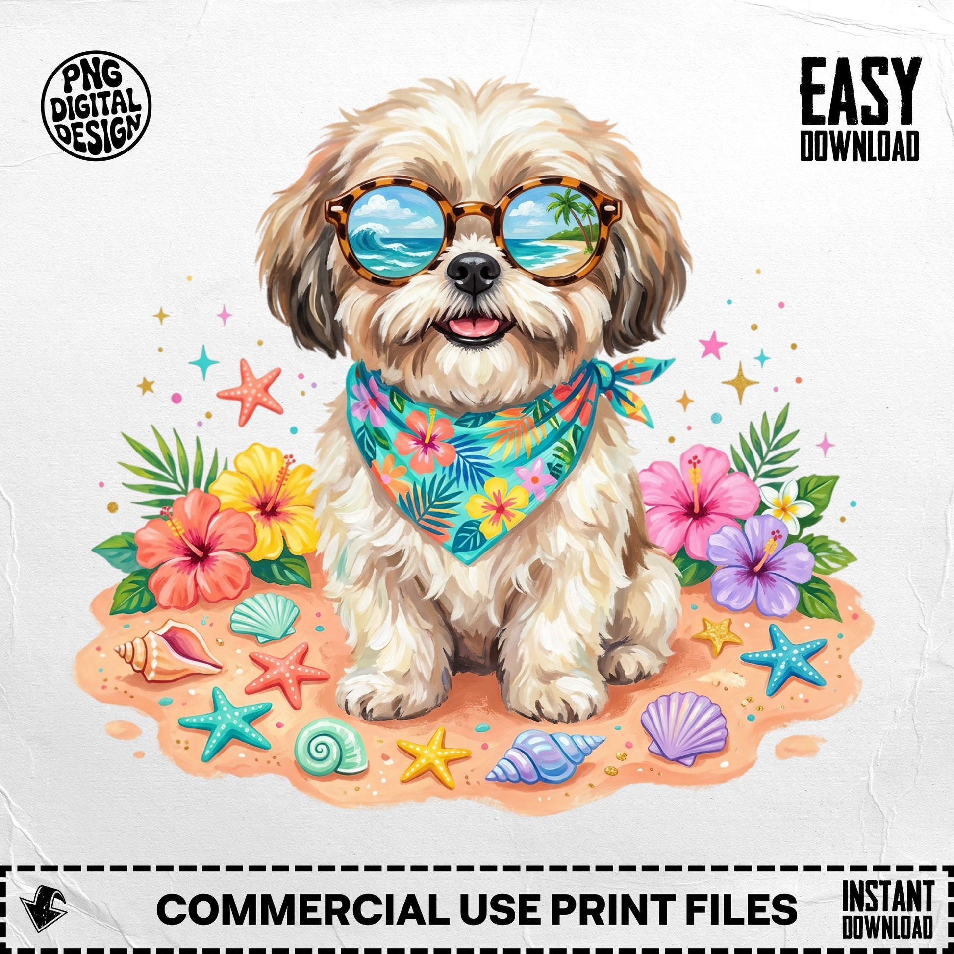 Shih Tzu dog wearing sunglasses and bandana on a beach with seashells.