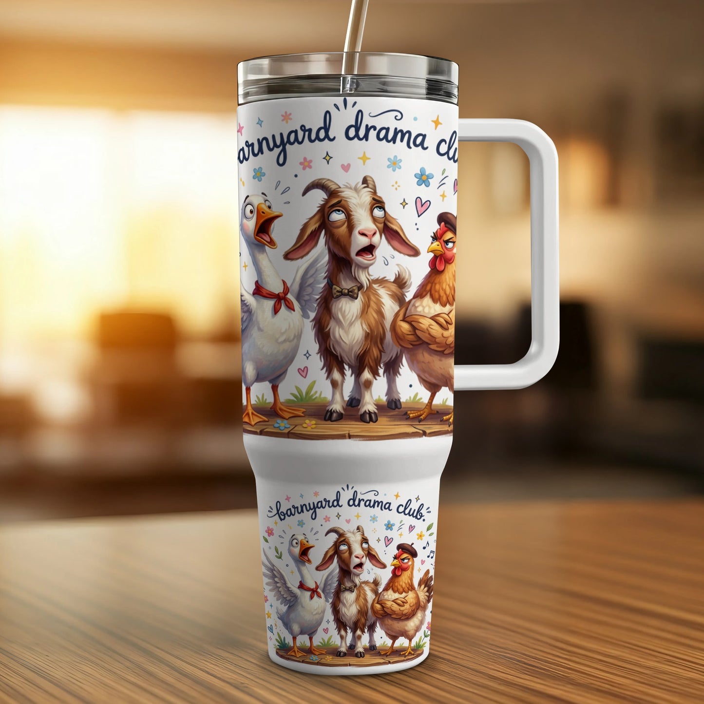 Barnyard Drama Club tumbler with cartoon animals and text.