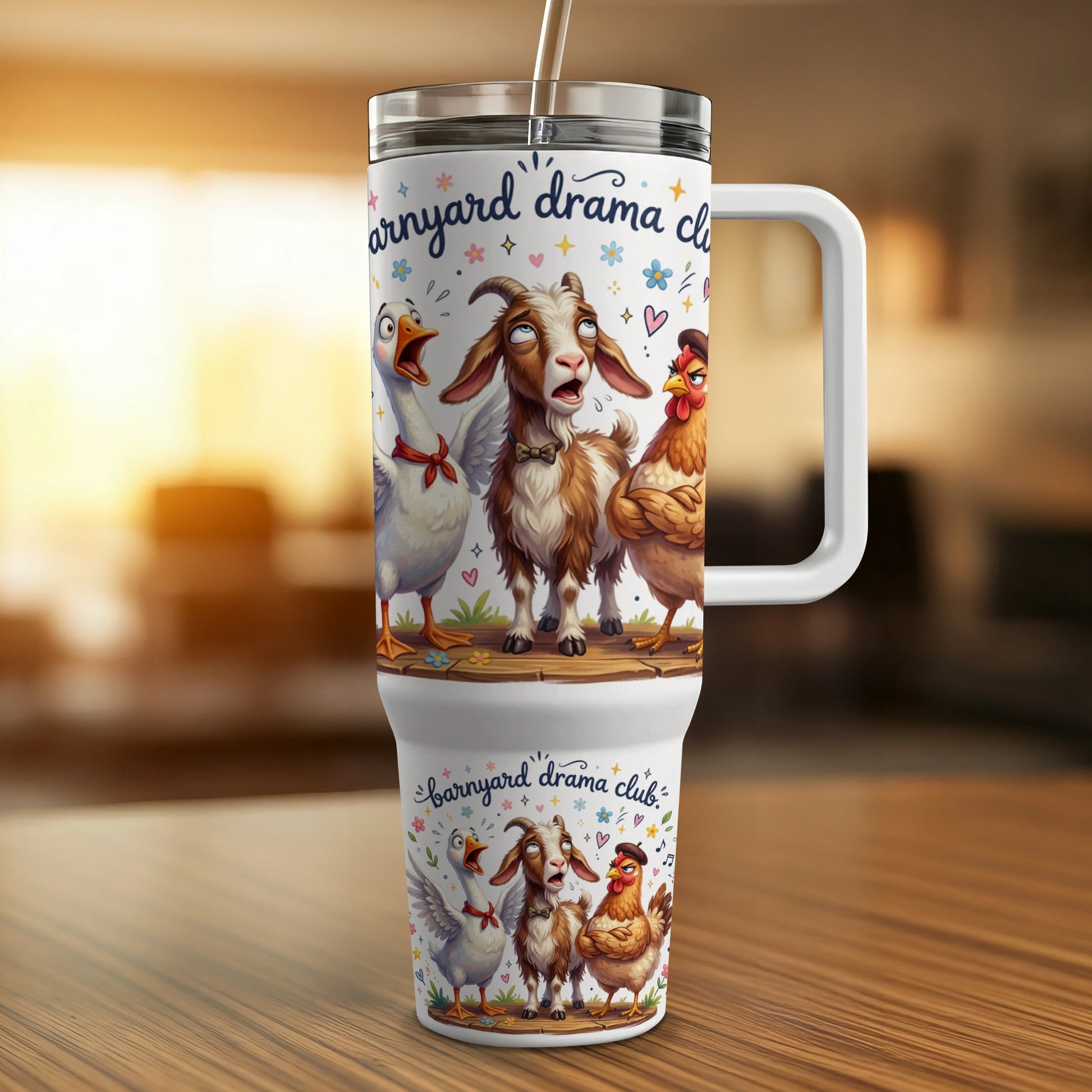 Barnyard Drama Club tumbler with cartoon animals and text.