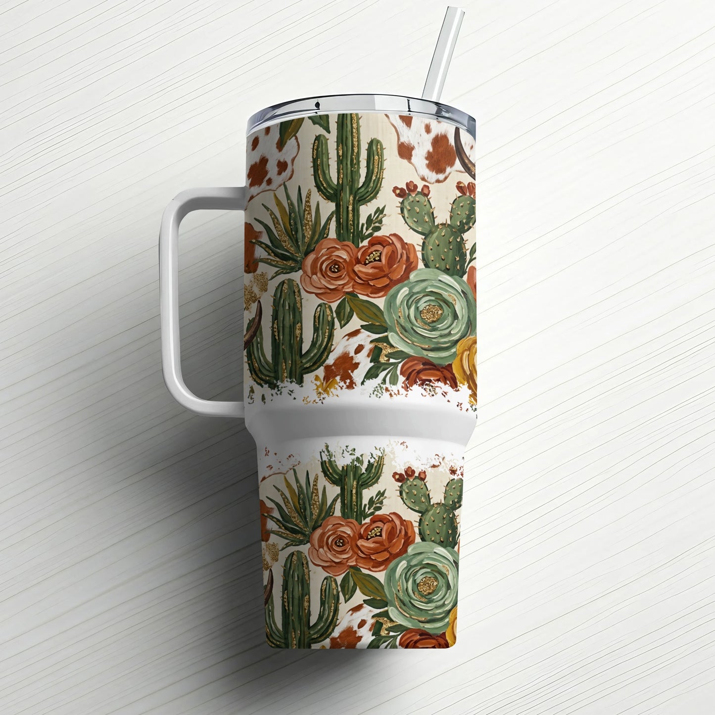 30 oz tumbler with desert floral and cowhide pattern.