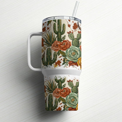 30 oz tumbler with desert floral and cowhide pattern.
