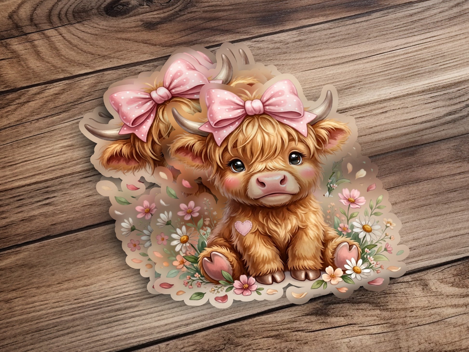 Cute Highland cow calf with pink bows and flowers on wooden background.
