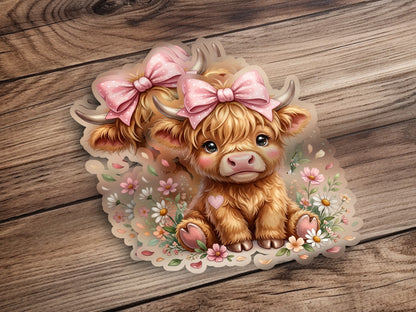 Cute Highland cow calf with pink bows and flowers on wooden background.