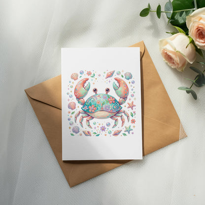 Card featuring a colorful, patterned crab with seashells and flowers.