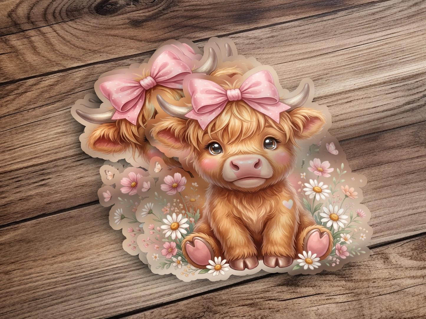 Fluffy Highland cow calf with pink bows and flowers.