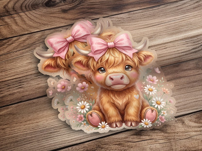 Fluffy Highland cow calf with pink bows and flowers.
