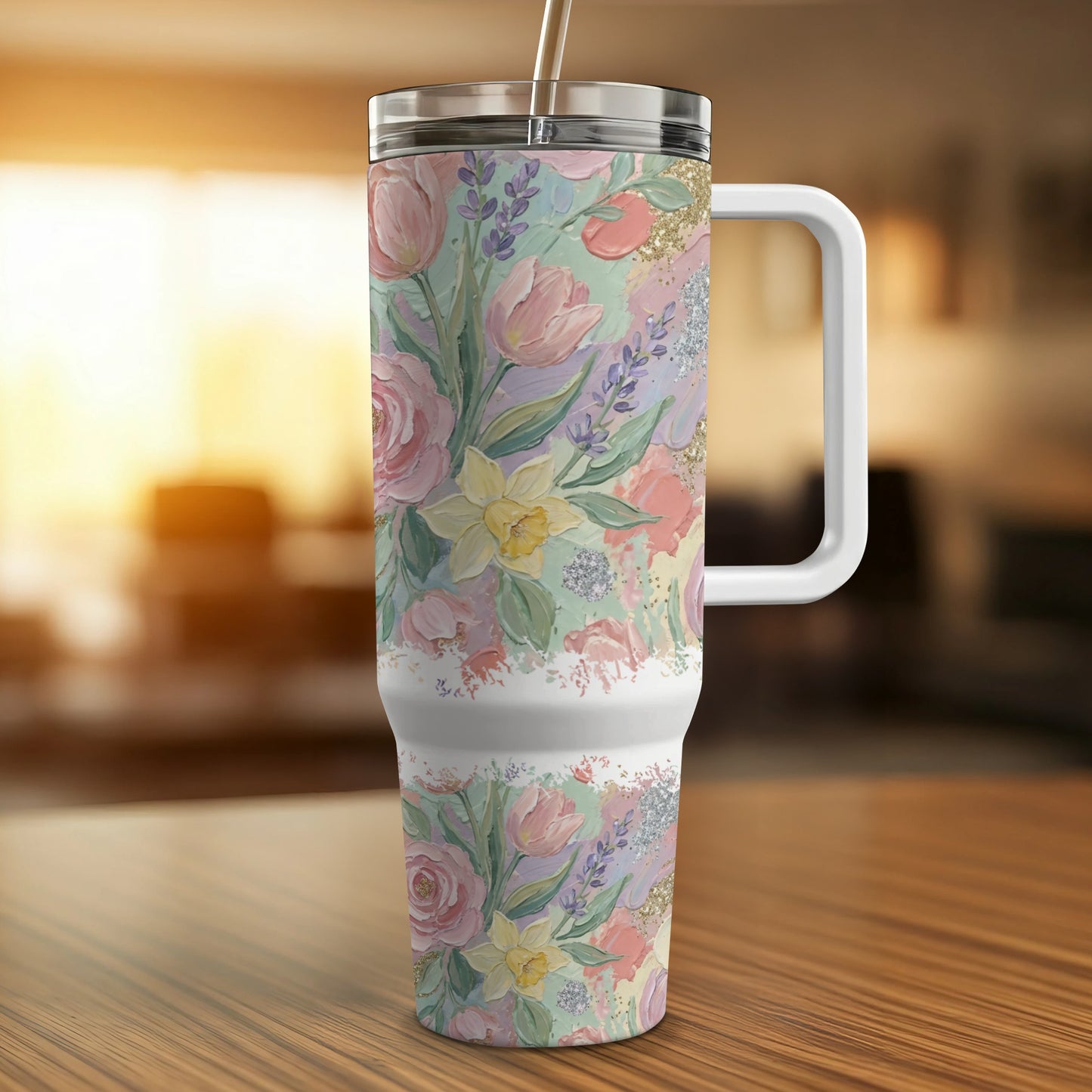 Floral design tumbler with handle on wooden table.
