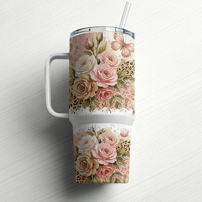 Floral and leopard print tumbler with handle and straw.