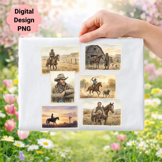Five watercolor illustrations of cowboys and horses on a gift-wrapped item.