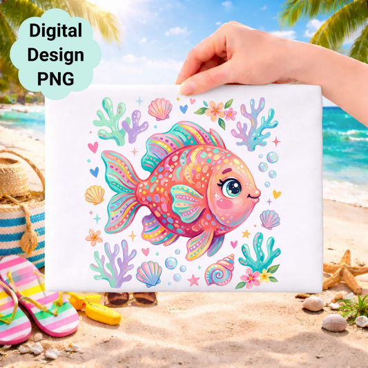 Whimsical cartoon fish surrounded by coral and shells on a beach background.