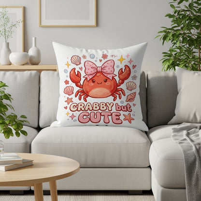 Crabby but cute crab illustration with seashells and bow on a pillow.