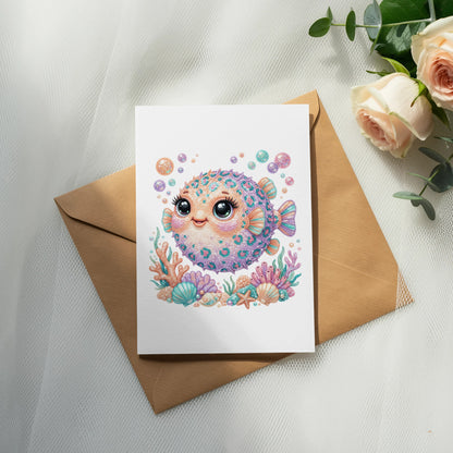 Cute pufferfish with colorful dots on greeting card, with seashells and bubbles.