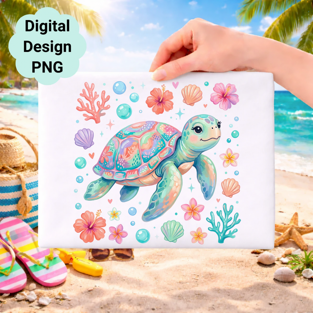 Cute cartoon sea turtle surrounded by seashells and flowers on a beach.