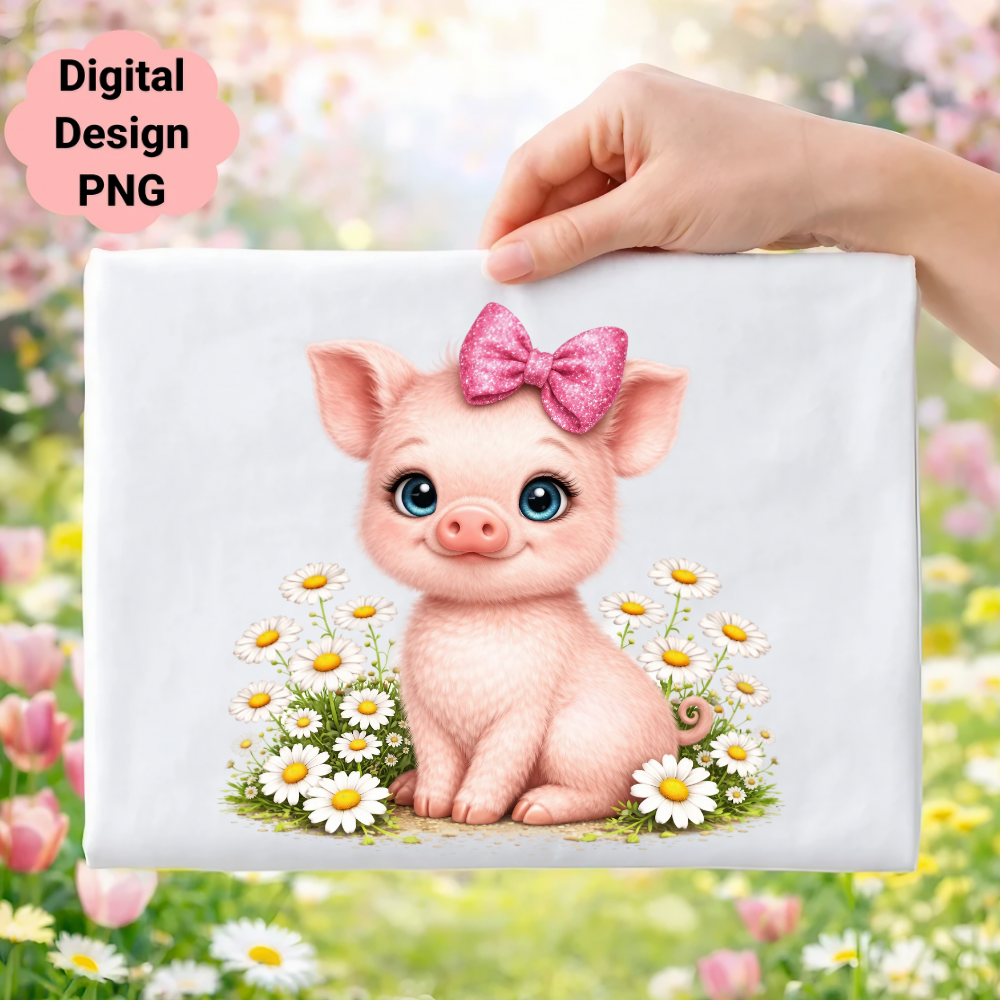 Pink cartoon pig with a sparkly bow in a field of daisies.