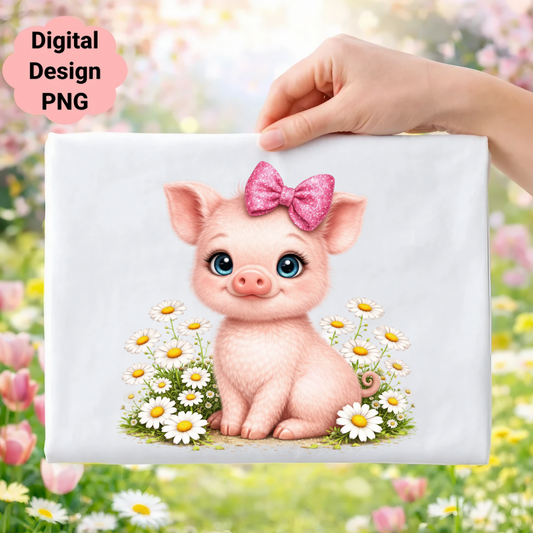 Pink cartoon pig with a sparkly bow in a field of daisies.