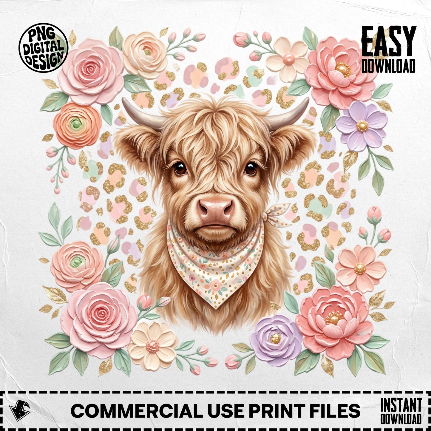 Highland cow wearing bandana, surrounded by pastel roses and leopard print accents.