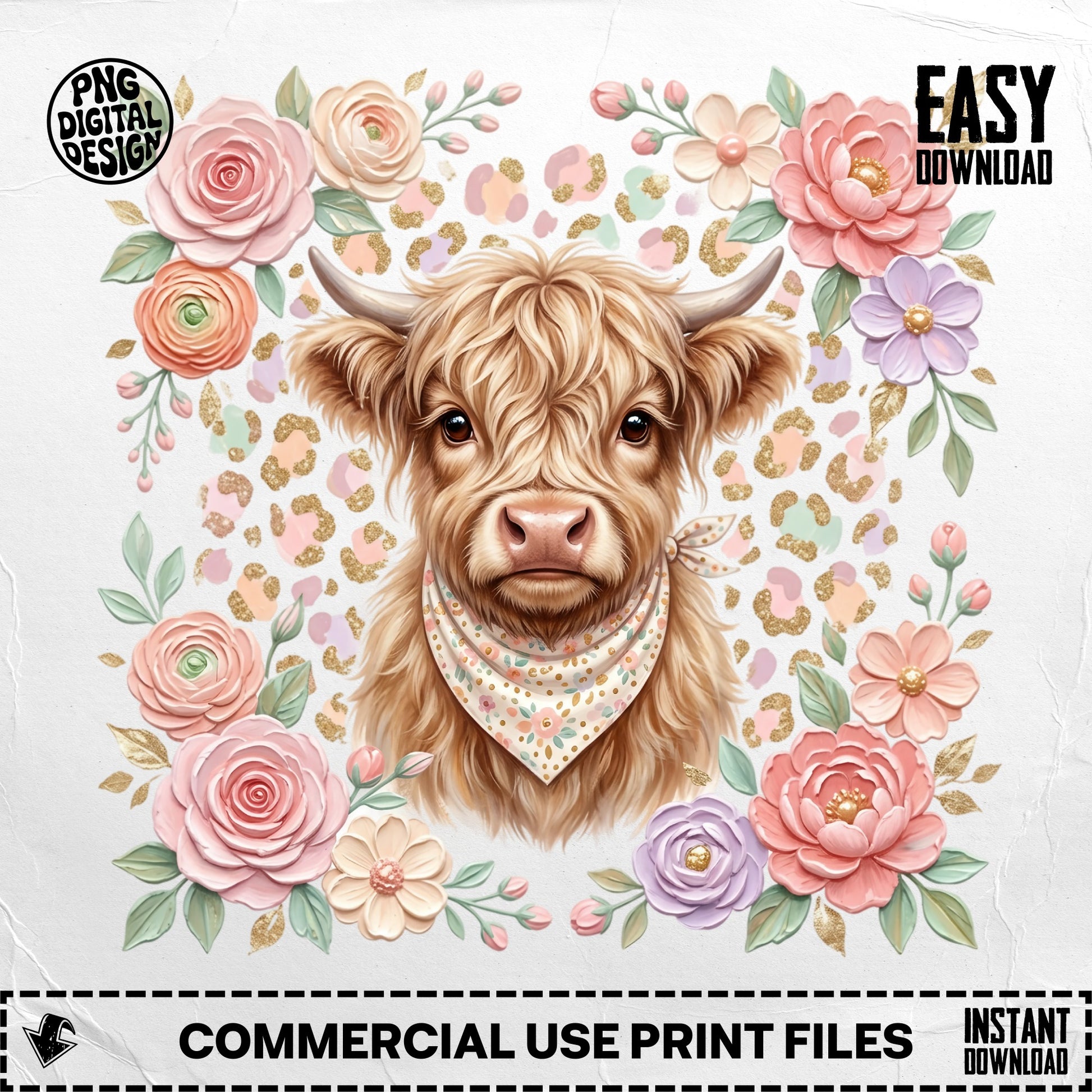 Highland cow wearing bandana, surrounded by pastel roses and leopard print accents.