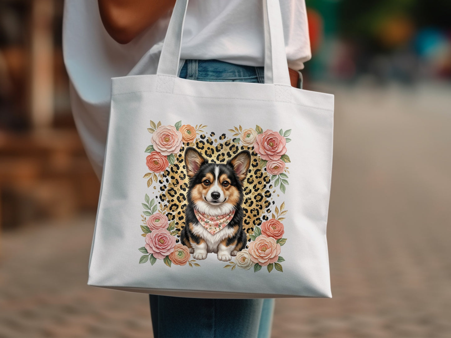 White tote bag with a corgi, flowers, and leopard print design.