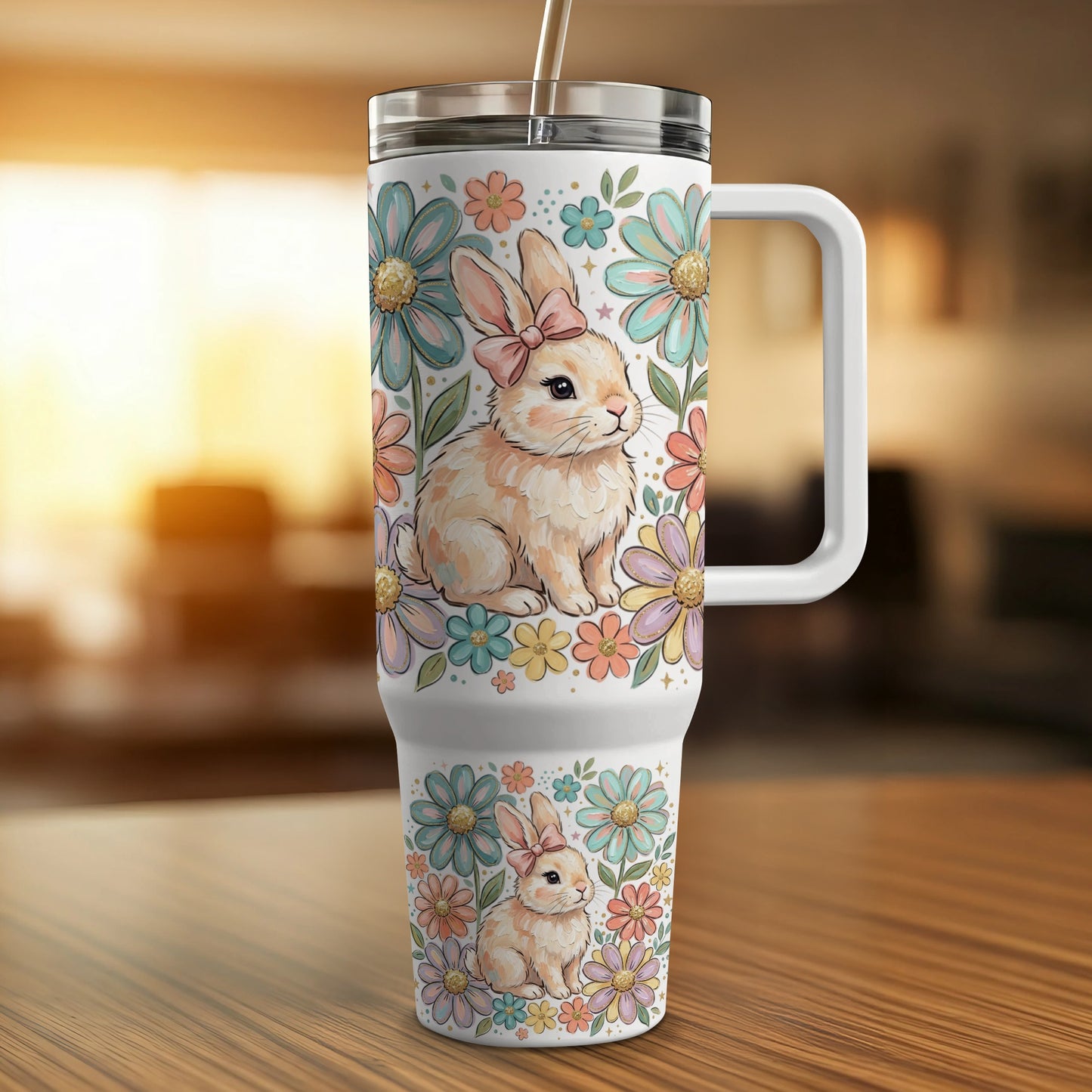 White tumbler with bunnies and flowers, featuring a pink bow on a rabbit.
