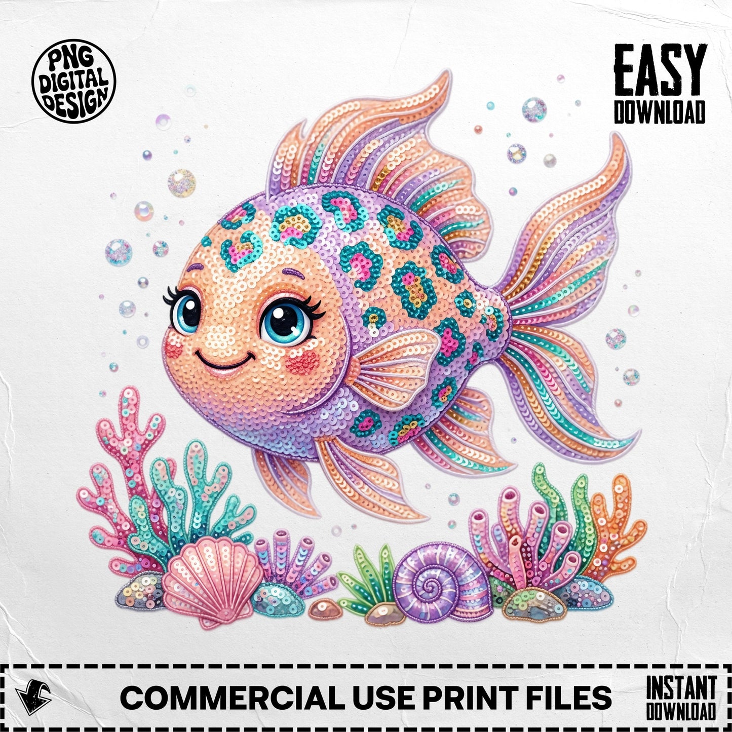 Cartoon goldfish with leopard spots and coral, "EASY DOWNLOAD" text.