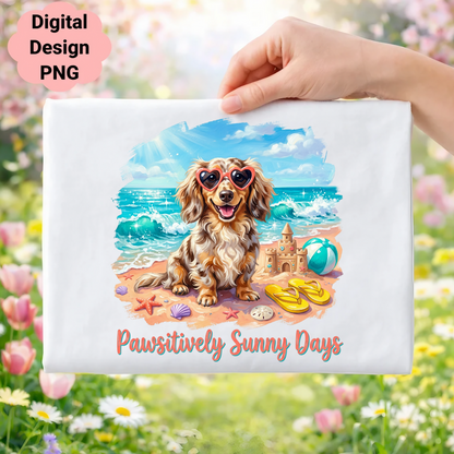 Dachshund wearing heart sunglasses on beach with beach toys and text.
