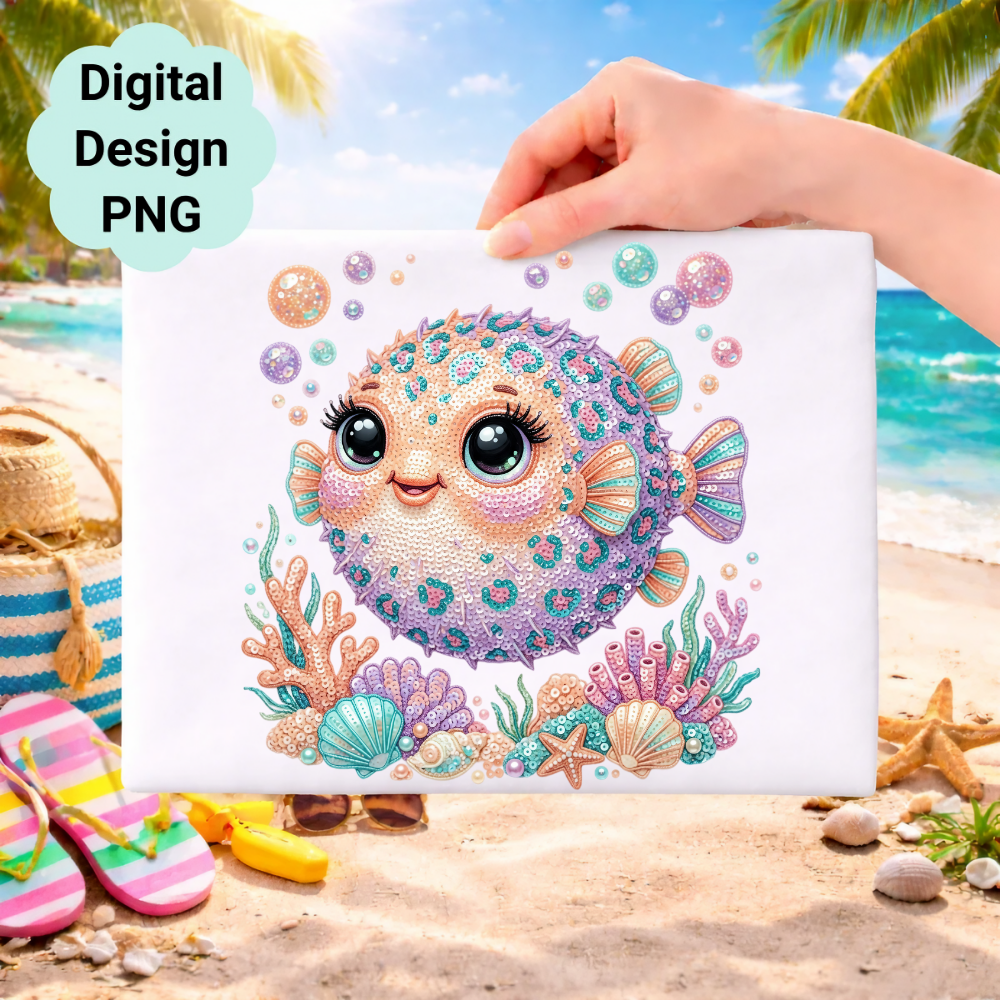 Cute pufferfish with sequins and coral on a beach background.