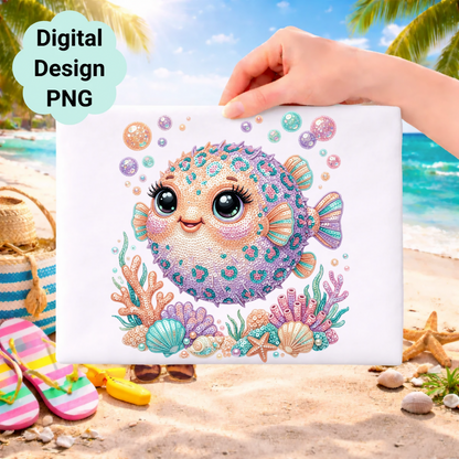 Cute pufferfish with sequins and coral on a beach background.