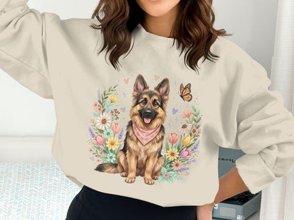 German Shepherd dog wearing pink bandana surrounded by floral wreath.