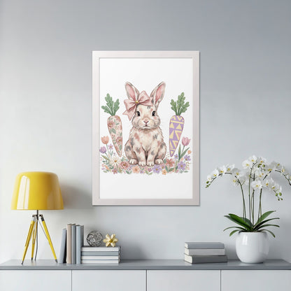 Bunny with pink bow and carrots on a floral background in a framed print.