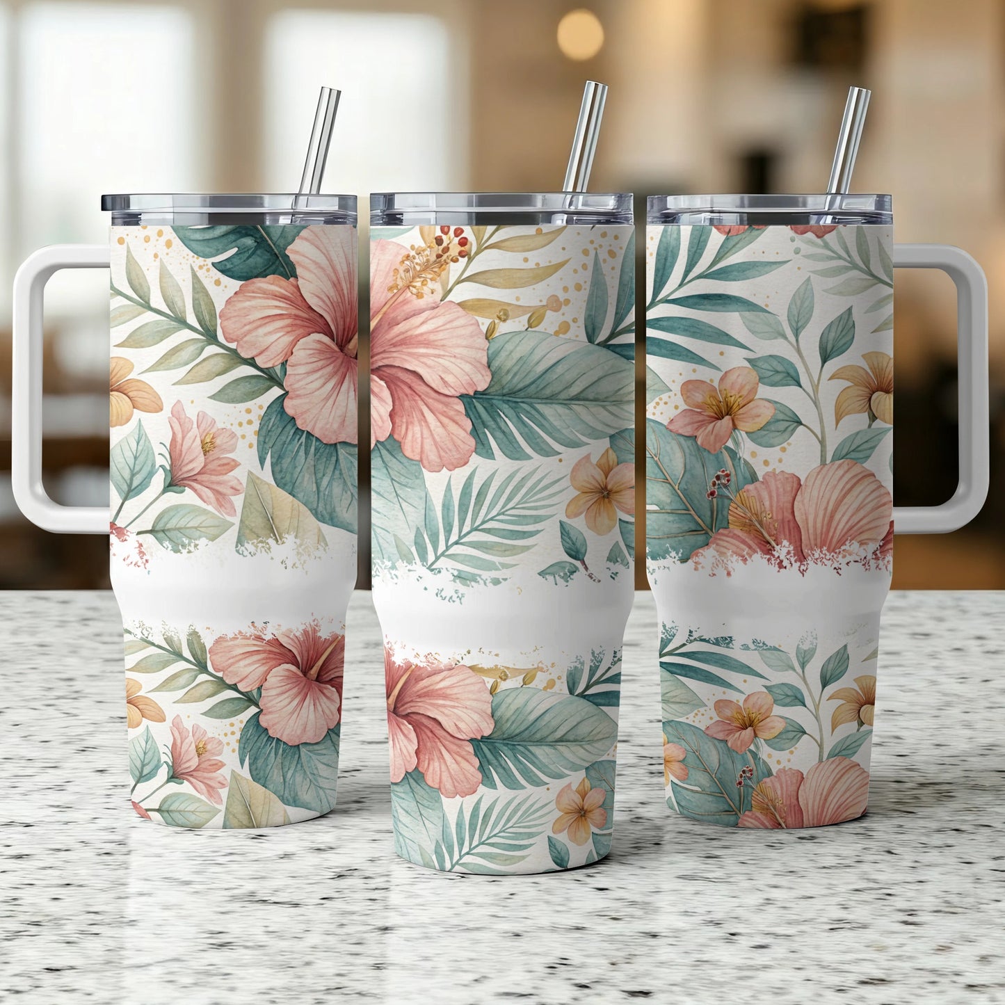Floral tumbler with pink hibiscus flowers and green leaves, three across.