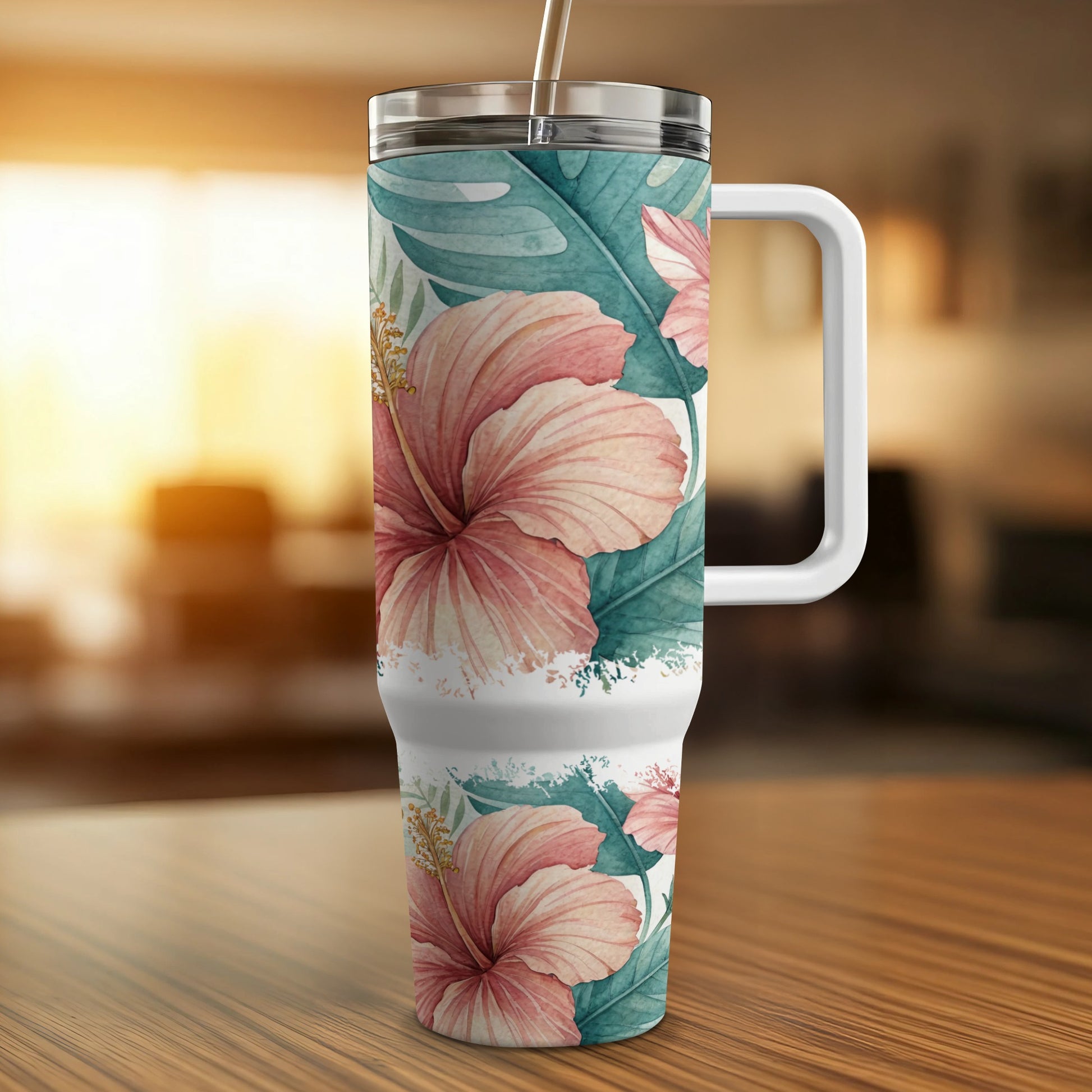 Tumbler with hibiscus flowers and tropical leaves pattern.