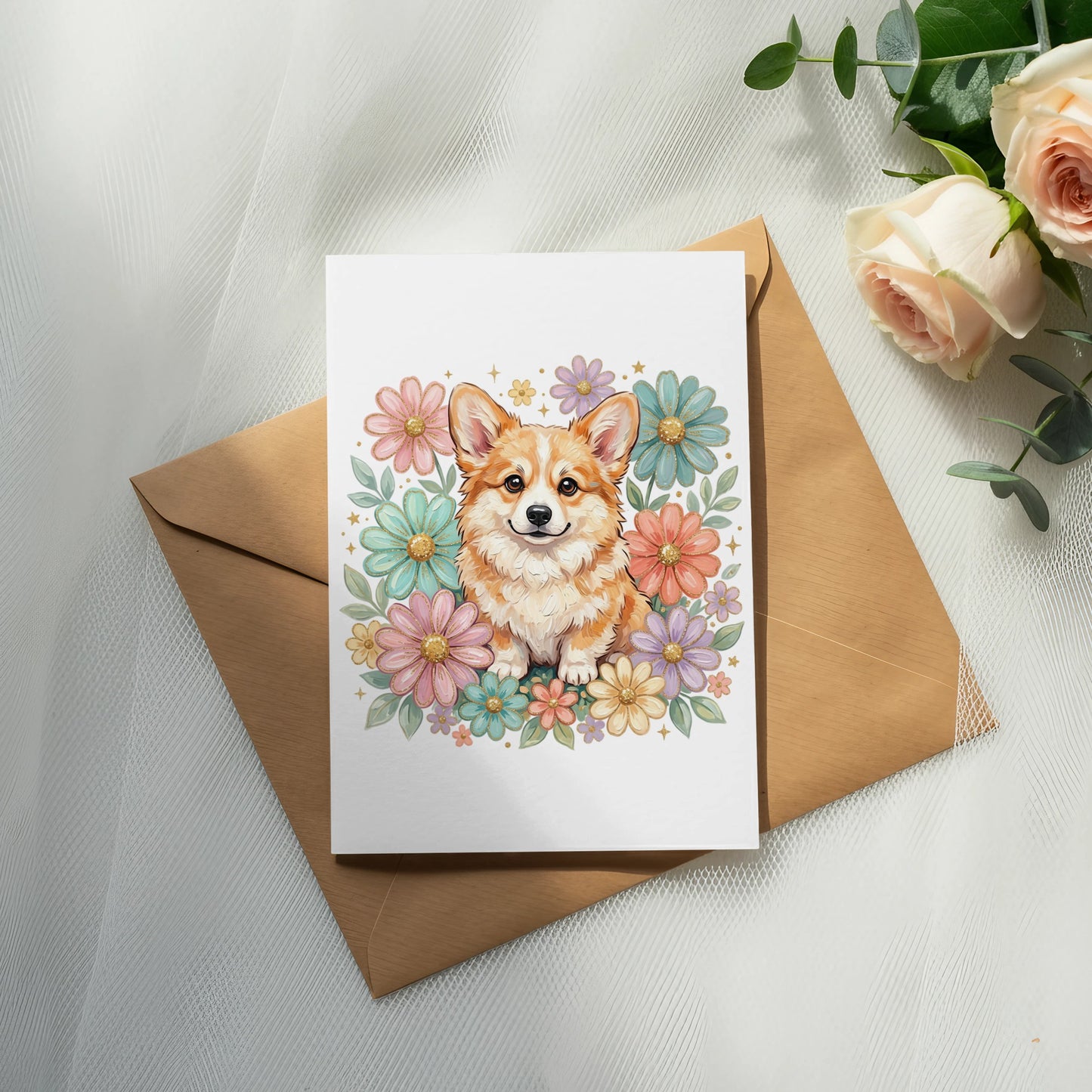 Corgi dog illustration on a card surrounded by colorful flowers, on a brown envelope.