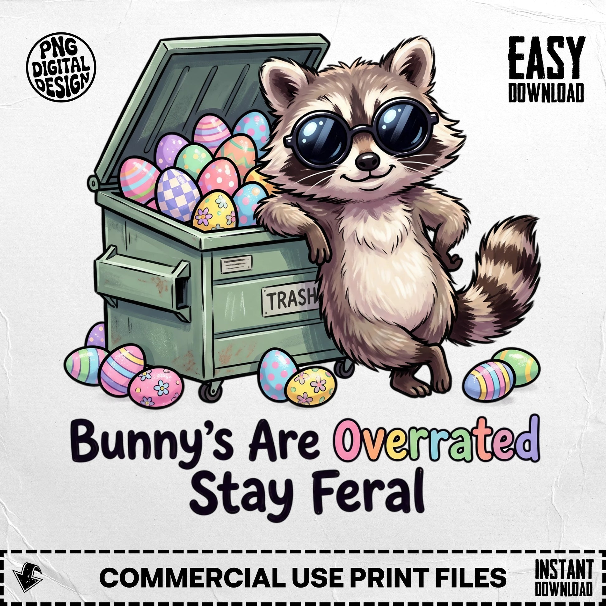 Raccoon wearing sunglasses next to a trash can overflowing with Easter eggs.