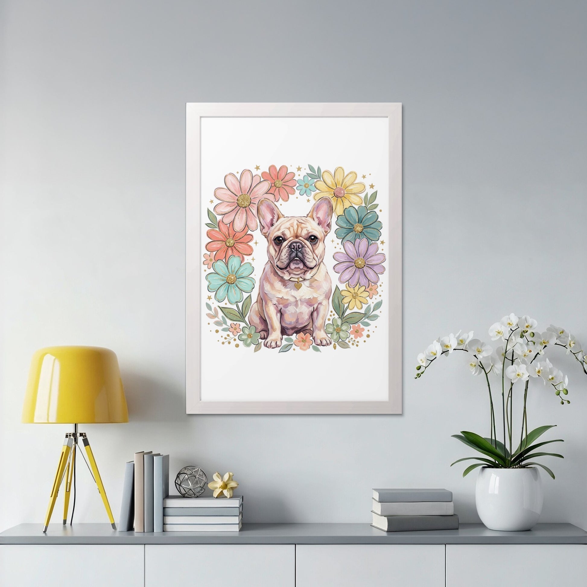 Framed pastel French bulldog illustration surrounded by colorful flowers.