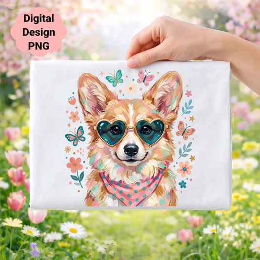Corgi dog wearing heart sunglasses and bandana, surrounded by flowers and butterflies.