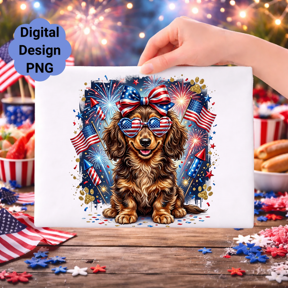 Dachshund wearing sunglasses and bow, surrounded by fireworks and flags.