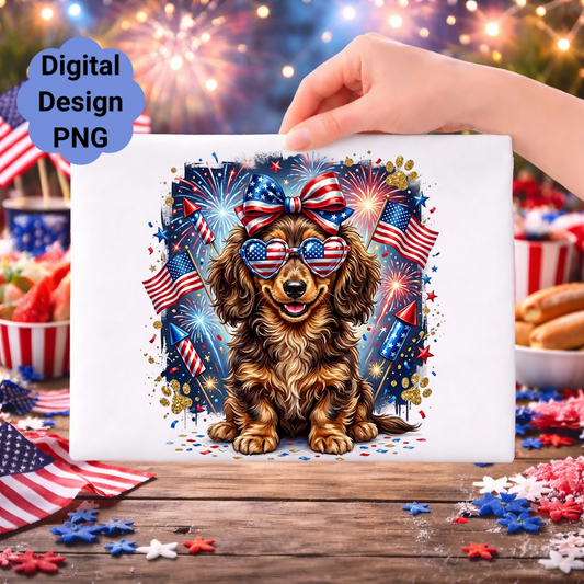Dachshund wearing sunglasses and bow, surrounded by fireworks and flags.