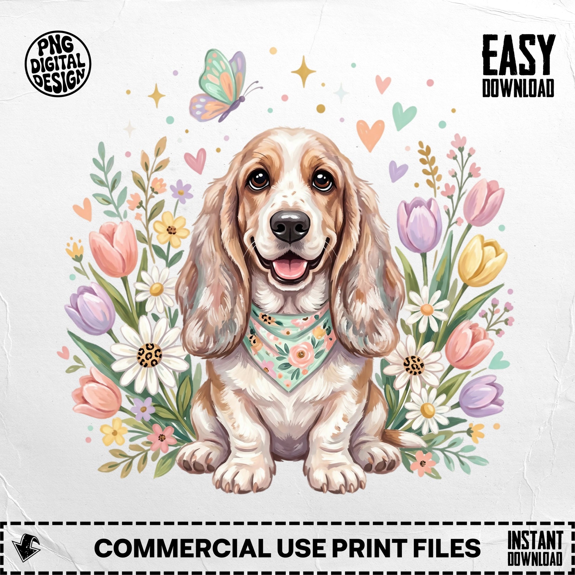 Basset Hound with bandana surrounded by spring flowers and a butterfly.