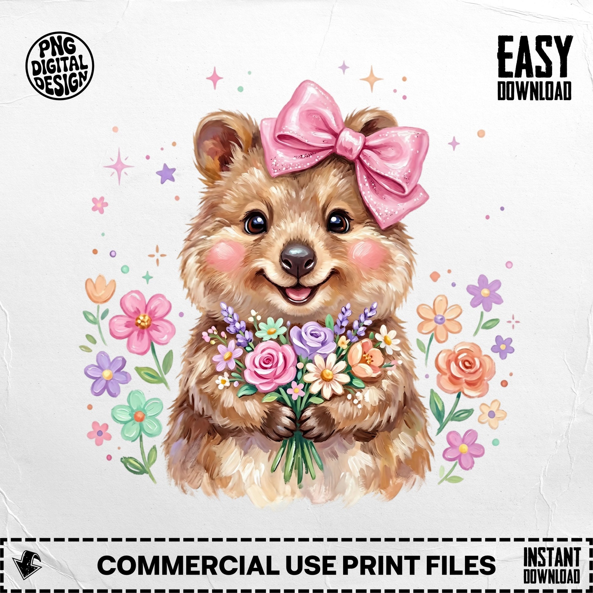 Quokka holding a bouquet of flowers with a pink bow on its head.