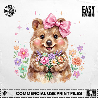 Quokka holding a bouquet of flowers with a pink bow on its head.