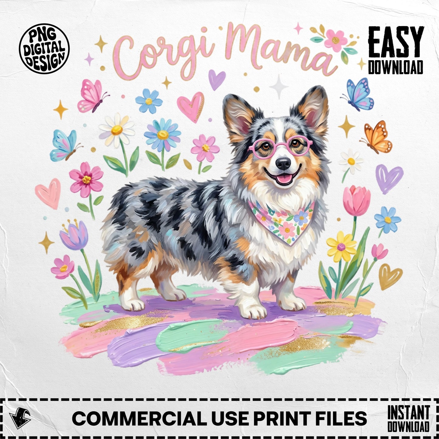 Corgi wearing glasses and bandana, surrounded by flowers and butterflies.