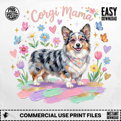 Corgi wearing glasses and bandana, surrounded by flowers and butterflies.